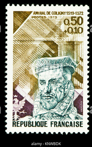 French postage stamp (1973) : Gaspard de Coligny, Seigneur de Châtillon (1519-1572) French Huguenot nobleman and admiral, Stock Photo