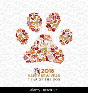 Happy Chinese New Year 2018 greeting card illustration with traditional asian culture icons making dog paw shape. EPS10 vector. Stock Vector