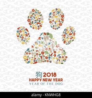 Happy Chinese New Year 2018 greeting card illustration with traditional asian culture icons making dog paw shape. EPS10 vector. Stock Vector