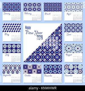 New Year 2018 calendar template with arabic traditional blue ceramic mosaic illustrations. Monthly planner set ready for print. EPS10 vector. Stock Vector