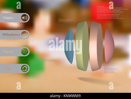 3D illustration infographic template with motif of ball vertically divided to four color parts with simple sign and sample text on side in bars. Blurr Stock Vector