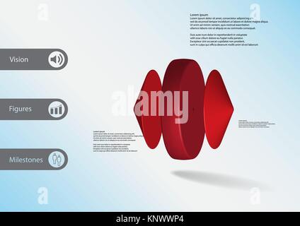 3D illustration infographic template with motif of red cylinder between two cones horizontally placed with simple sign and sample text on side in bars Stock Vector