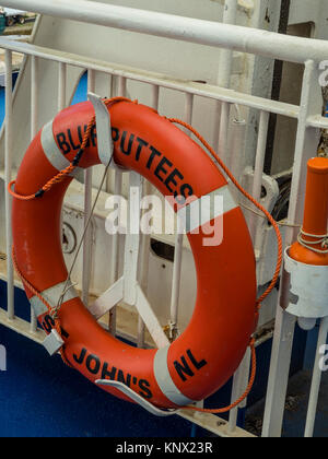 Blue Puttees ferry life ring, North Sydney, Nova Scotia, Canada. Stock Photo