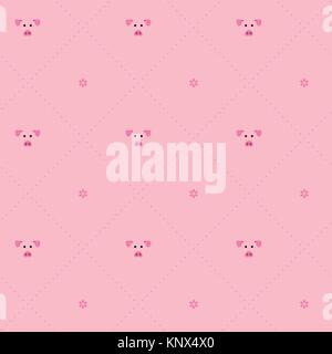 Seamless vector pattern. Cute pigs and dotted lines in pink background. Stock Vector