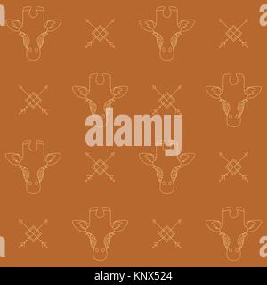 Seamless vector pattern. Giraffes and arrows in orange background. Line. Bohemian. Stock Vector