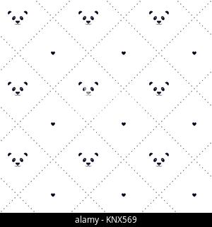 Seamless vector pattern with panda bears hearts and dotted lines in white background Stock Vector