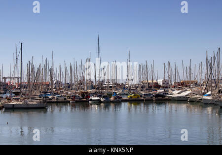 View of many yachts parked at Palma de Mallorca marina. It's a resort city and capital of the Spanish island of Majorca in the western Mediterranean. Stock Photo