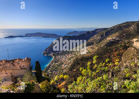 View from Eze across Cap Ferrat and the French Riviera towards the Mediterranean Sea, Cote d'Azur, France Stock Photo