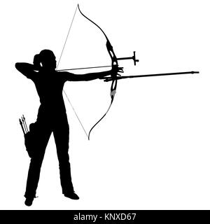 Silhouette attractive female archer bending a bow and aiming in the target Stock Photo