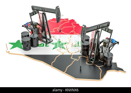 Iraqi map with oil barrels and pumpjacks. Oil production concept. 3D rendering Stock Photo