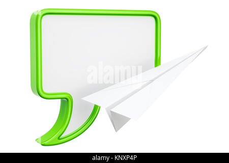 Speech bubble with paper plane, 3D rendering isolated on white background Stock Photo