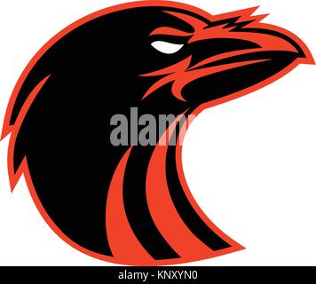 Icon style illustration of an angry raven or crow head looking up on isolated background. Stock Vector