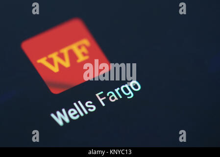 New york, USA - December 12, 2017:Wells Fargo banking application icon on smartphone screen close-up. Wells Fargo banking app icon with copy space on  Stock Photo