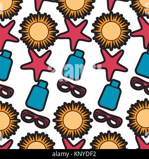 beach vacations sun sunglasses sunblock bottle starfish pattern Stock Vector