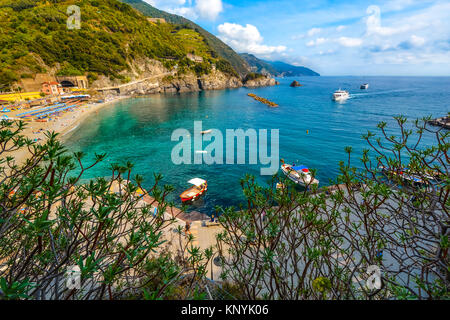 The sandy beach at Monterosso Al Mare on the Ligurian coast at the Unesco heritage site of Cinque Terre, Italy Stock Photo