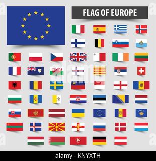 Set of official flags of europe . Floating flag design . Stock Vector