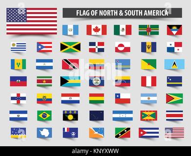 Set of official flags of North and South America . Floating flag design . Stock Vector