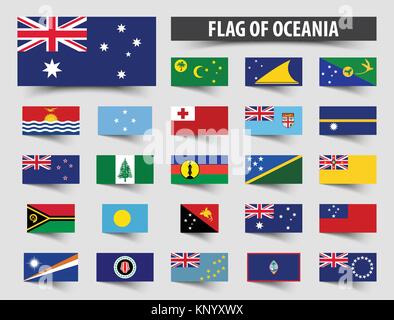 Set of official flags of Oceania . Floating flag design . Stock Vector