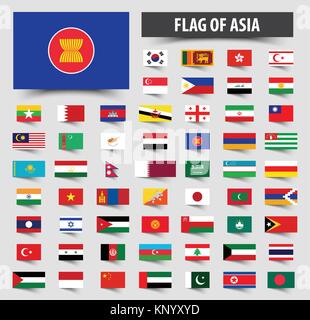 Set of official flags of Asia . Floating flag design . Stock Vector