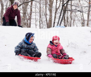 Brother and sisters (5 and 3 yrs old) sledging together in Quebec in winter, while mum looks on