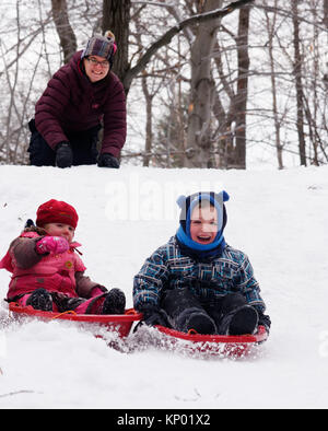 Brother and sisters (5 and 3 yrs old) sledging together in Quebec in winter, while mum looks on Stock Photo