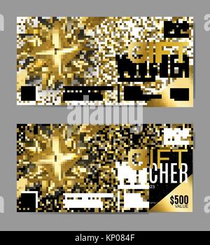 Gift card layout template with golden bow ribbon in corners. Shopping certificate, glittering premium vip design. Vector Stock Vector