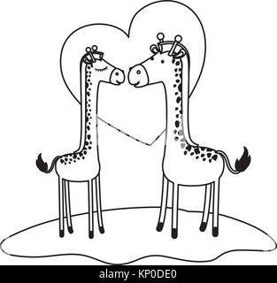 giraffes couple over grass in black sections silhouette with heart in background Stock Vector