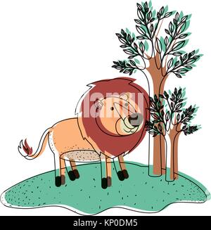 lion cartoon in forest next to the trees in watercolor silhouette Stock Vector