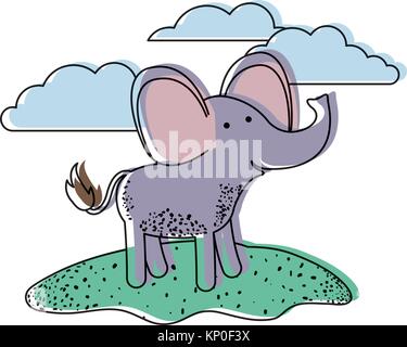 elephant cartoon in outdoor scene with clouds in watercolor silhouette Stock Vector