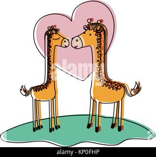 giraffes couple over grass in watercolor silhouette on white background with heart Stock Vector