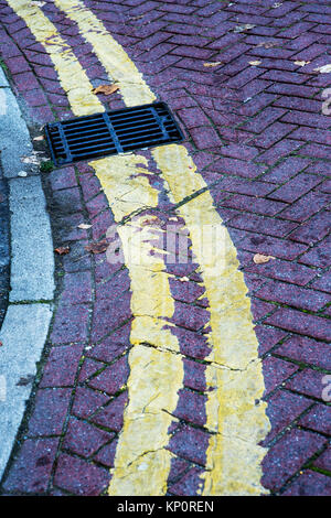 Double Yellow Lines Painted on a Road Stock Photo