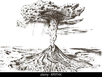 volcano activity with magma, smoke before the eruption and lava or nature disaster. for travel, adventure. mountain landscapes. engraved hand drawn in old sketch, vintage style. Stock Vector