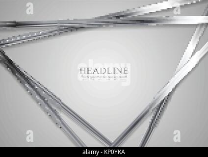 Tech metallic abstract triangles background. Silver metal stripes on grey backdrop. Hi-tech vector illustration Stock Vector