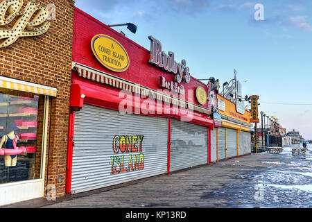 New York City - December 10, 2017: Closed stores along the boardwalk in Coney Island in the winter. Stock Photo