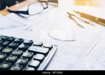 office on blueprint. Architects workplace Stock Photo
