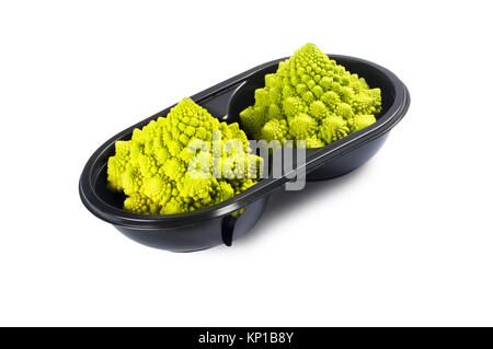 Studio shot of Broccoli Romanesco with retail packaging isolated on white - John Gollop Stock Photo
