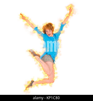 Digitally enhanced image of a smiling young woman jumping with joy Stock Photo