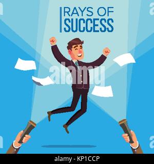 Happy Manager, Businessman Vector. Jumping On The Workplace. Rays Of Success Concept. Flashlight And Hand. Flat Illustration Stock Vector