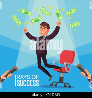 Happy Manager, Businessman Vector. Man Worker Getting A Lot Of Money And Jumping From An Office Chair. Flashlight And Hand. Flat Illustration Stock Vector