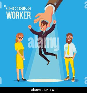 Choosing Worker Vector. Smiling Business Man In Suit. Standing Office Workers. Person For Hiring. Hand Choose Happy Employee. Having A Job Interview With HR. Job And Staff, Human And Recruitment. Flat Stock Vector