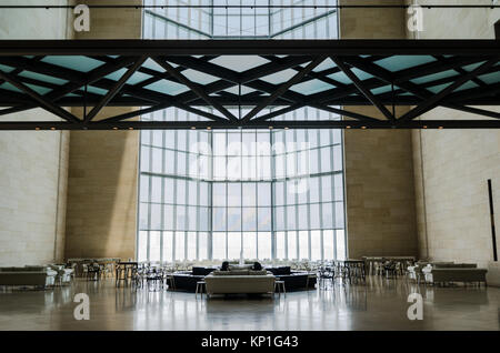 Museum of Islamic Art, Doha (Qatar). July 2017. Restaurant, bar and main window. The Museum is Doha's most prized architectural icon, designed by the  Stock Photo