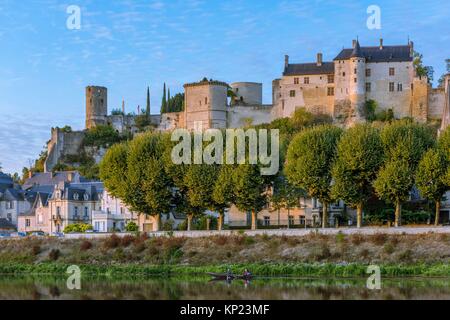 The banks of Vienne River, the City and the Royal Fortress of Chinon. Indre-et-Loire, Central Region, Loire Valley, France, Europe.