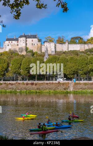 Kayaking on the banks of Vienne River, the City and the Royal Fortress of Chinon. Indre-et-Loire, Central Region, Loire Valley, France, Europe.