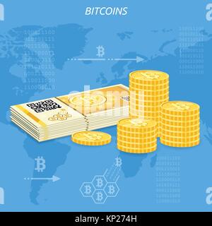 Crypto currency bitcoin banknotes and coins Stock Vector