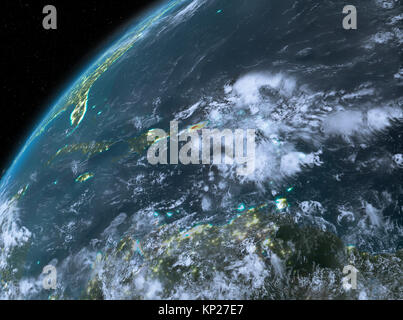 Illustration of Puerto Rico as seen from Earth’s orbit at night. 3D illustration. Elements of this image furnished by NASA. Stock Photo