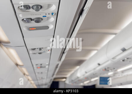 individual control panel for light and air conditioning in the airplane Stock Photo