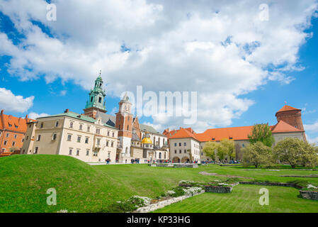 Krakow Wawel, the Cathedral and Royal Castle buildings on Wawel Hill, with the excavated foundations of medieval buildings in the foreground, Poland. Stock Photo