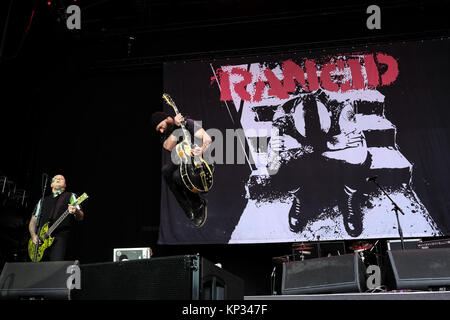 The American punk rock band Rancid performs a live concert at the Swiss music festival Greenfield Festival 2017 in Interlaken. Here vocalist and guitarist Tim Armstrong (R) is seen live on stage with Lars Frederiksen (L). Switzerland, 09/06 2017. Stock Photo