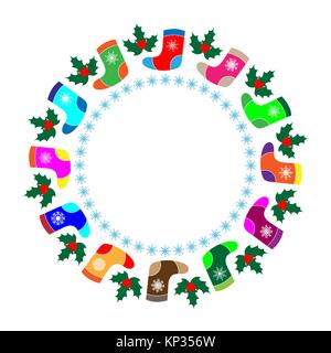 Christmas round frame boots, Holly leaves, snowflakes with blank space for text Stock Vector
