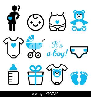 Baby boy shower vector icons set, pregnant womant with boy, newborn baby design Stock Vector